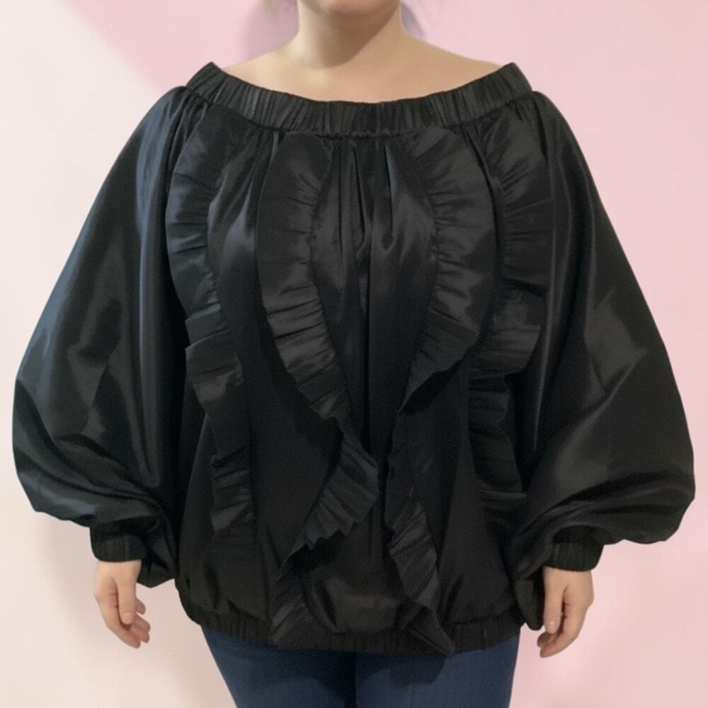 Love Highlight Black Taffeta Ruffle Front Blouse Oversized Dolman Sleeve 2XL/3XL